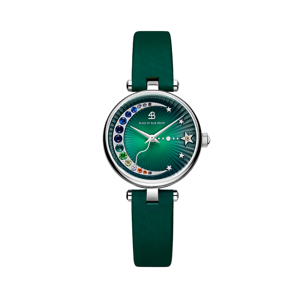 Crescent Moon 28mm Green Dial Rainbow Cubic Zirconia Satin Leather Strap Watch - BLACK BY BLUE BRAVE