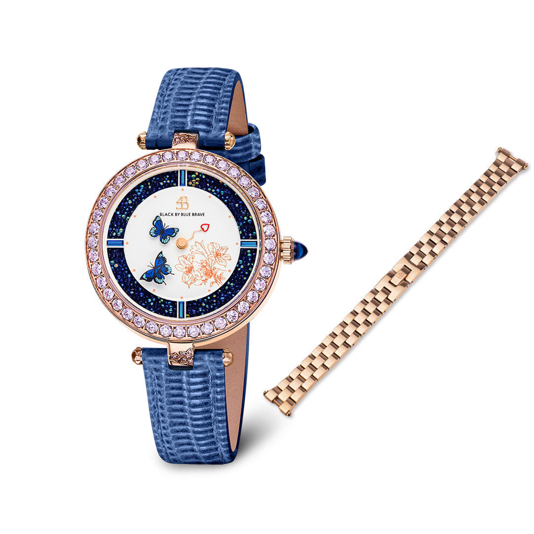 Butterfly Lovers 34mm Blue Dial Leather Strap Watch & Rose Gold 3-Link Bracelet Strap