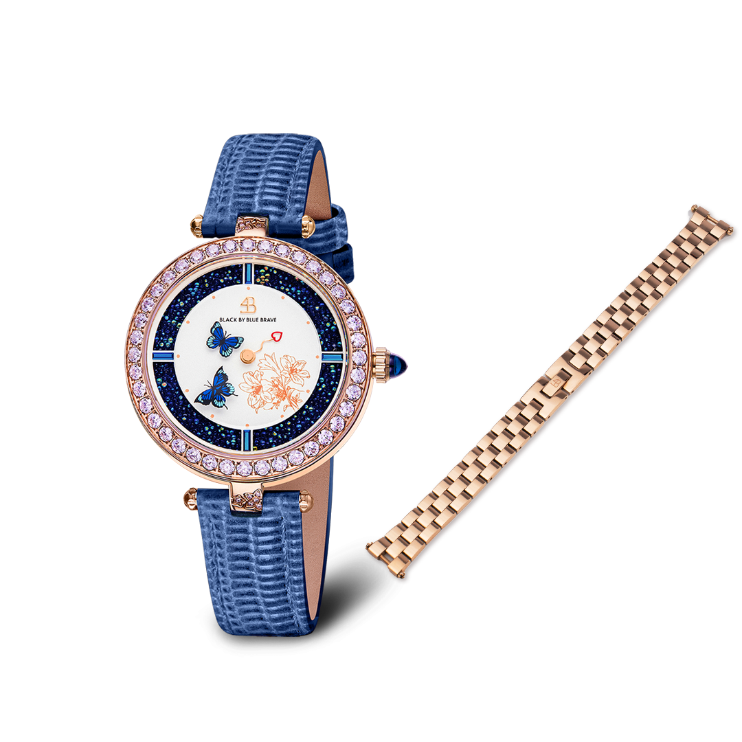 Butterfly Lovers 34mm Blue Dial Leather Strap Watch & Rose Gold 3-Link Bracelet Strap - BLACK BY BLUE BRAVE