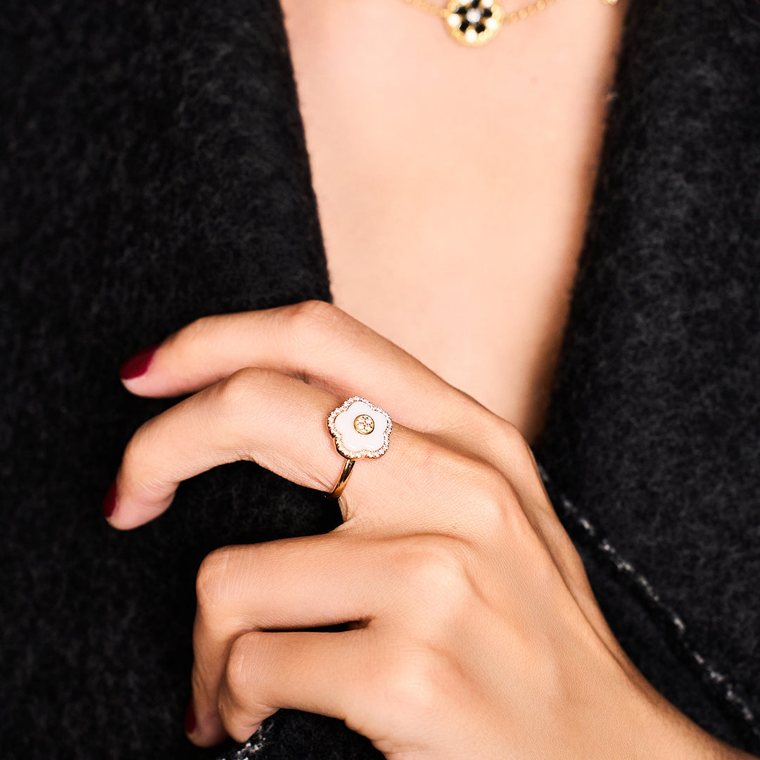 Cherry Blossom Ceramic White Ceramic Flowers Rosegold Ring 18K Rose Gold Plated - BLACK BY BLUE BRAVE