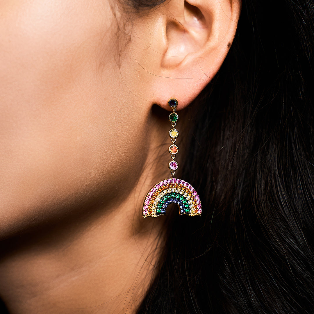 Love Wins Rainbow Zirconia Asymmetric Drop Earrings Sterling Sliver Gold Plated