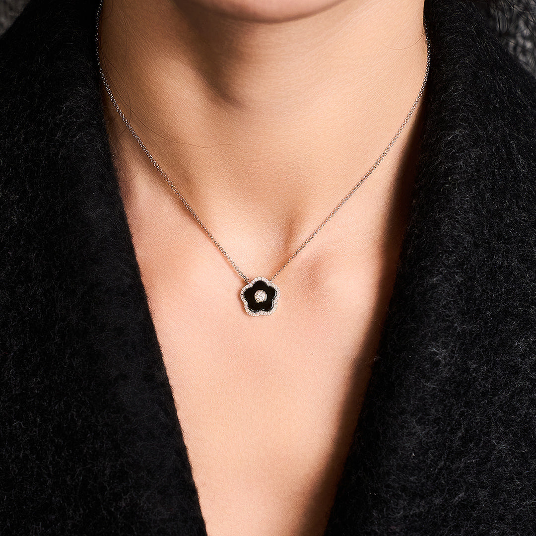 Cherry Blossom Ceramic Black Ceramic Flower Silver Adjustable Necklace Silver Platinum Plated - BLACK BY BLUE BRAVE