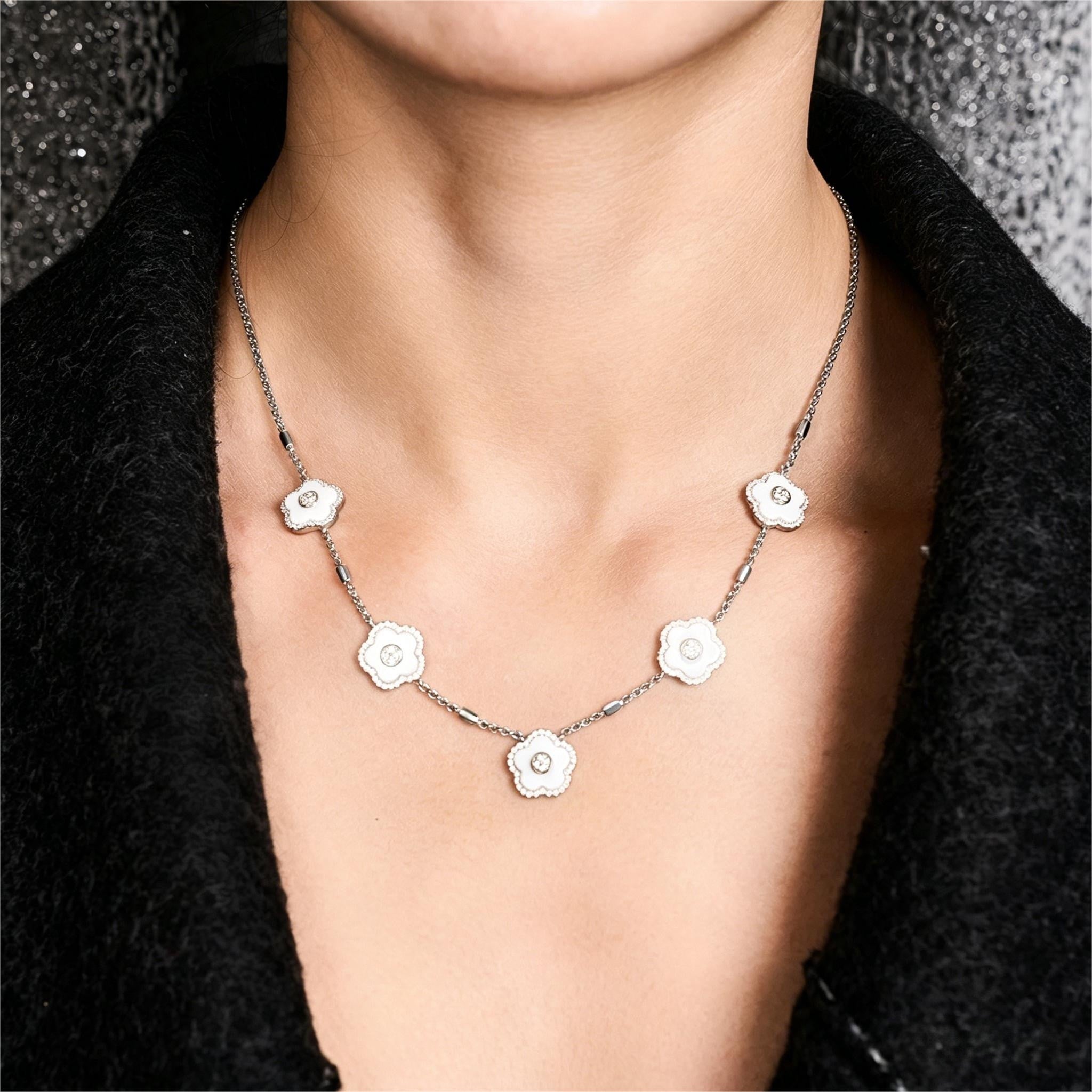 Cherry Blossom Ceramic Five White Ceramic Flowers Silver Adjustable Necklace Silver Platinum Plated - BLACK BY BLUE BRAVE