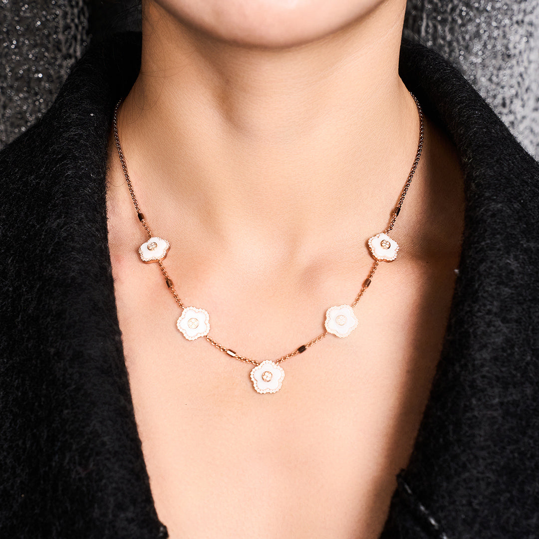 Cherry Blossom Ceramic Five White Ceramic Flowers Rose Gold Adjustable Necklace 18K Rose Gold Plated - BLACK BY BLUE BRAVE