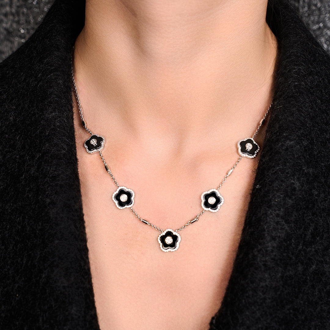 Cherry Blossom Ceramic Five Black Ceramic Flowers Silver Adjustable Necklace Silver Platinum Plated - BLACK BY BLUE BRAVE