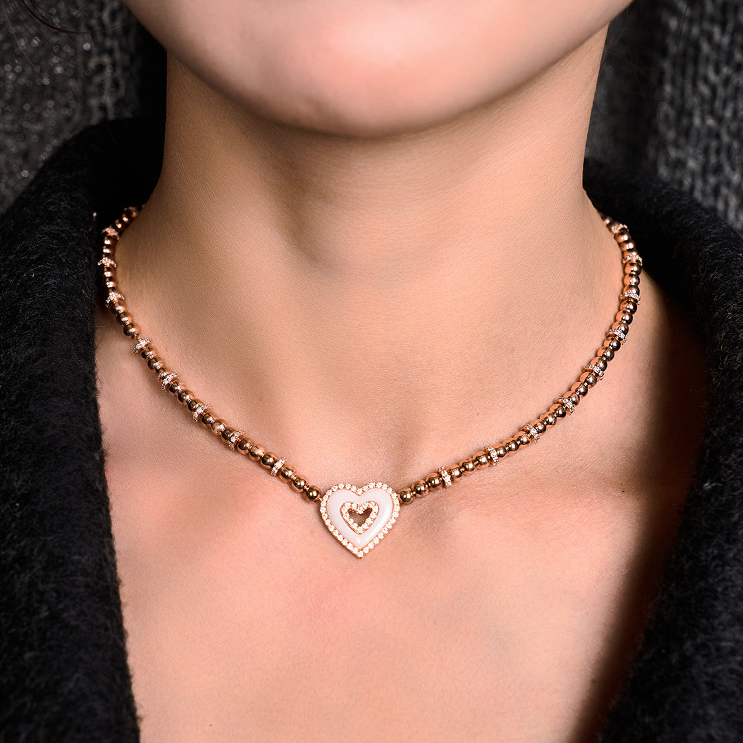 Love Heart White Ceramic Double Heart Necklace 18K Rose Gold Plated