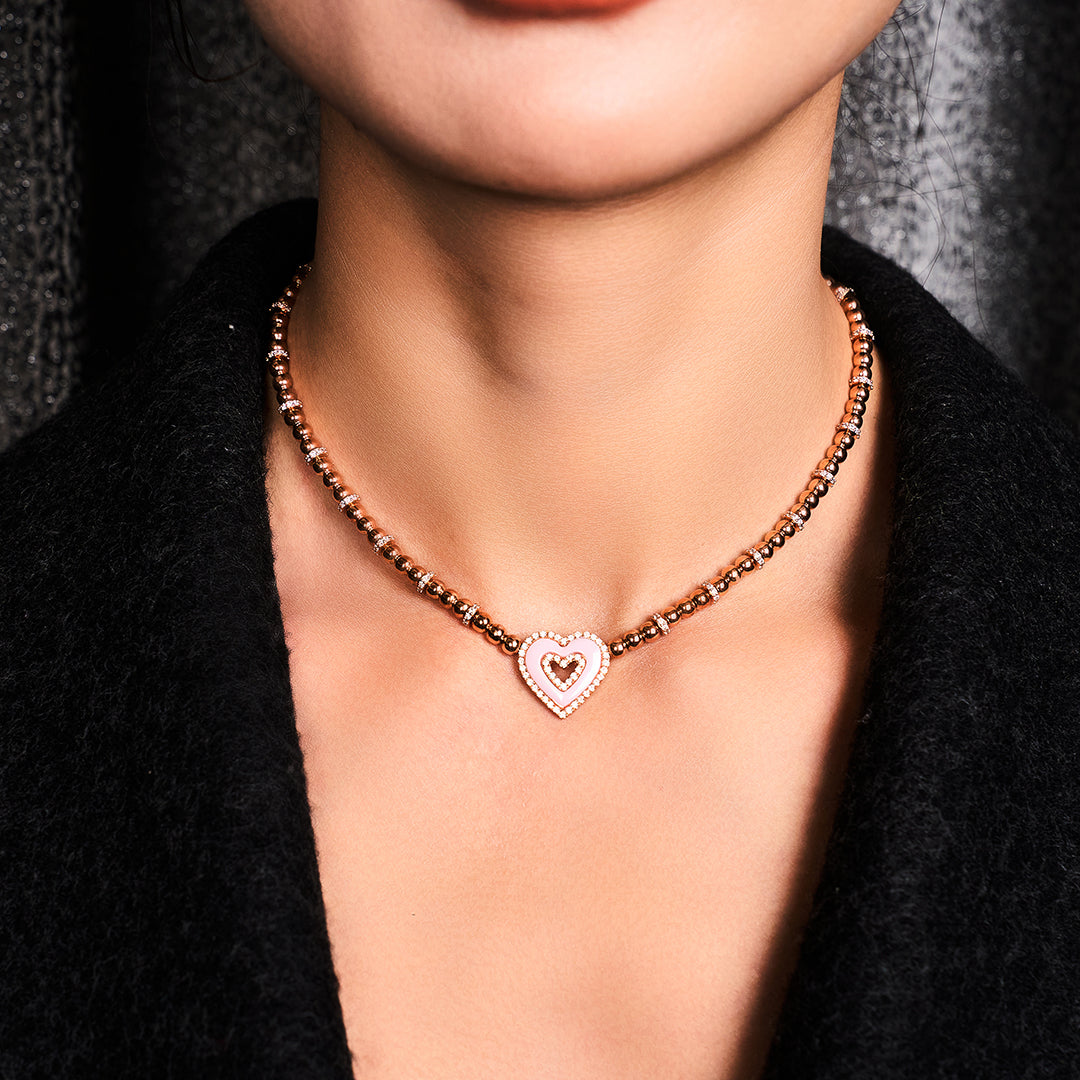 Love Heart Pink Ceramic Double Heart Necklace 18K Rose Gold Plated