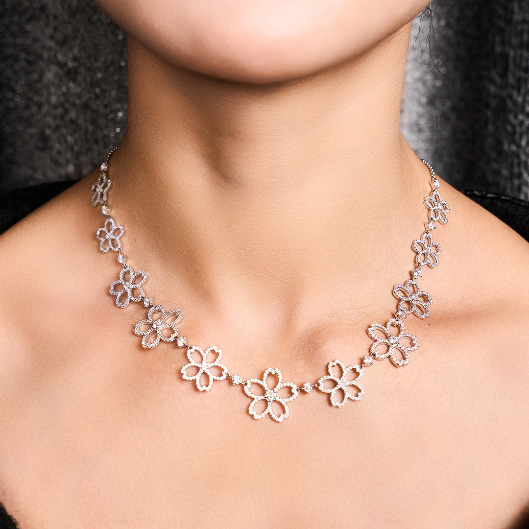 Cherry Blossom Cascade 11-Flower Sakura Zirconia Silver Necklace (Platinum Plated)