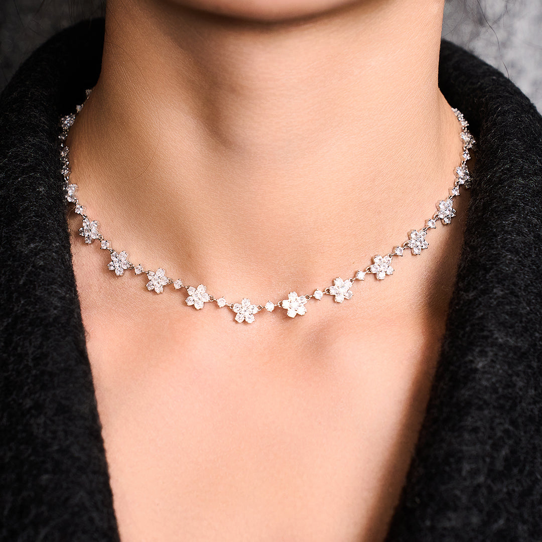 Cherry Blossom Cascade 19-Flower Sakura Zirconia Silver Necklace (Platinum Plated)