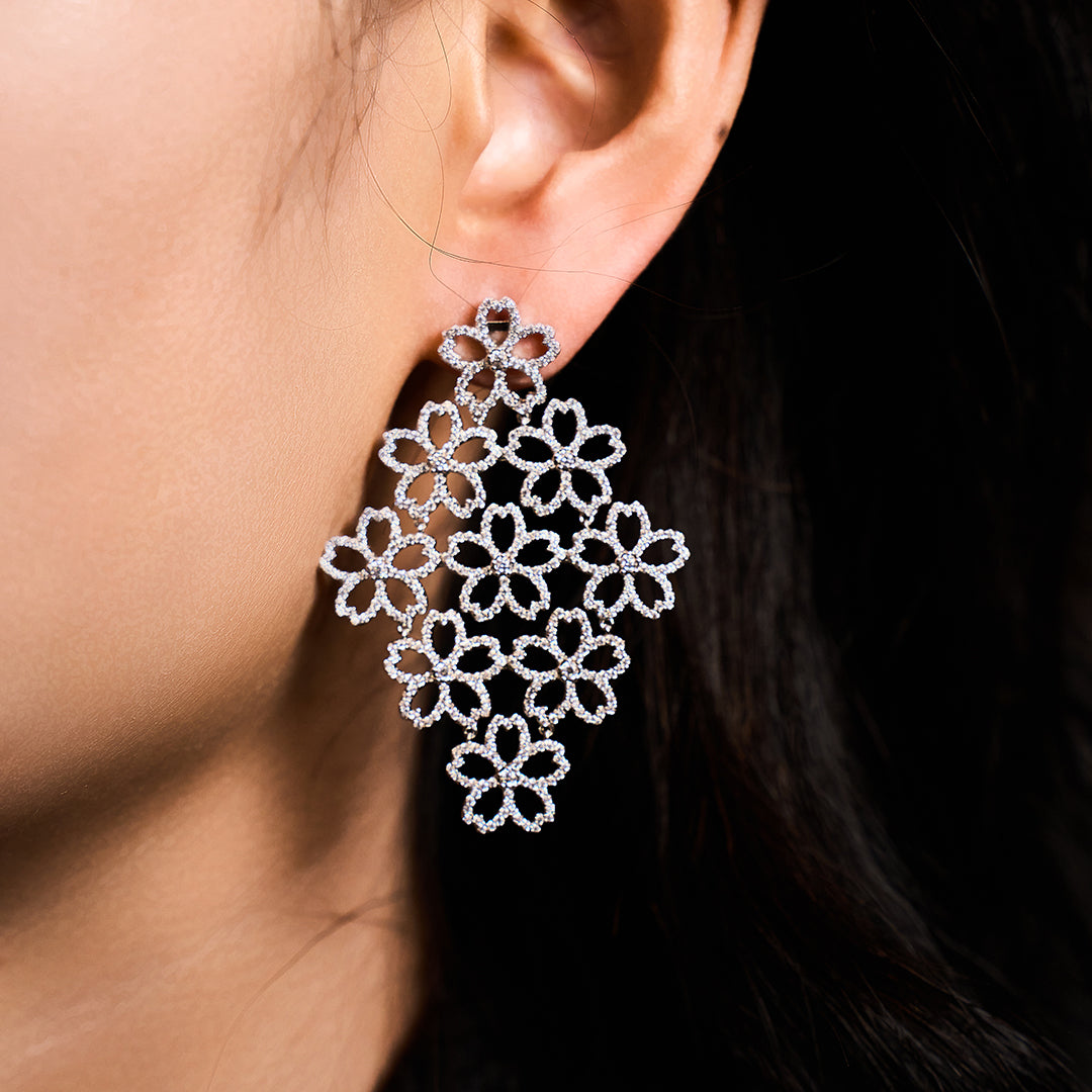 Cherry Blossom Cascade 9-Flower Sakura Zirconia Silver Earrings (Platinum Plated)