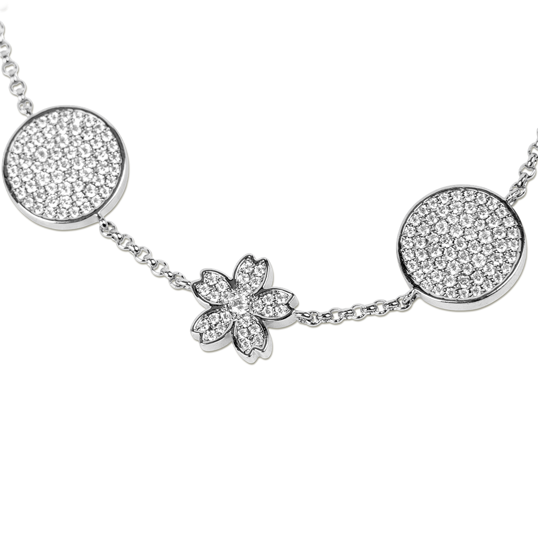 Cherry Blossom Symphony Pavé 7-Flower Zirconia Silver Station Bracelet (Platinum Plated)
