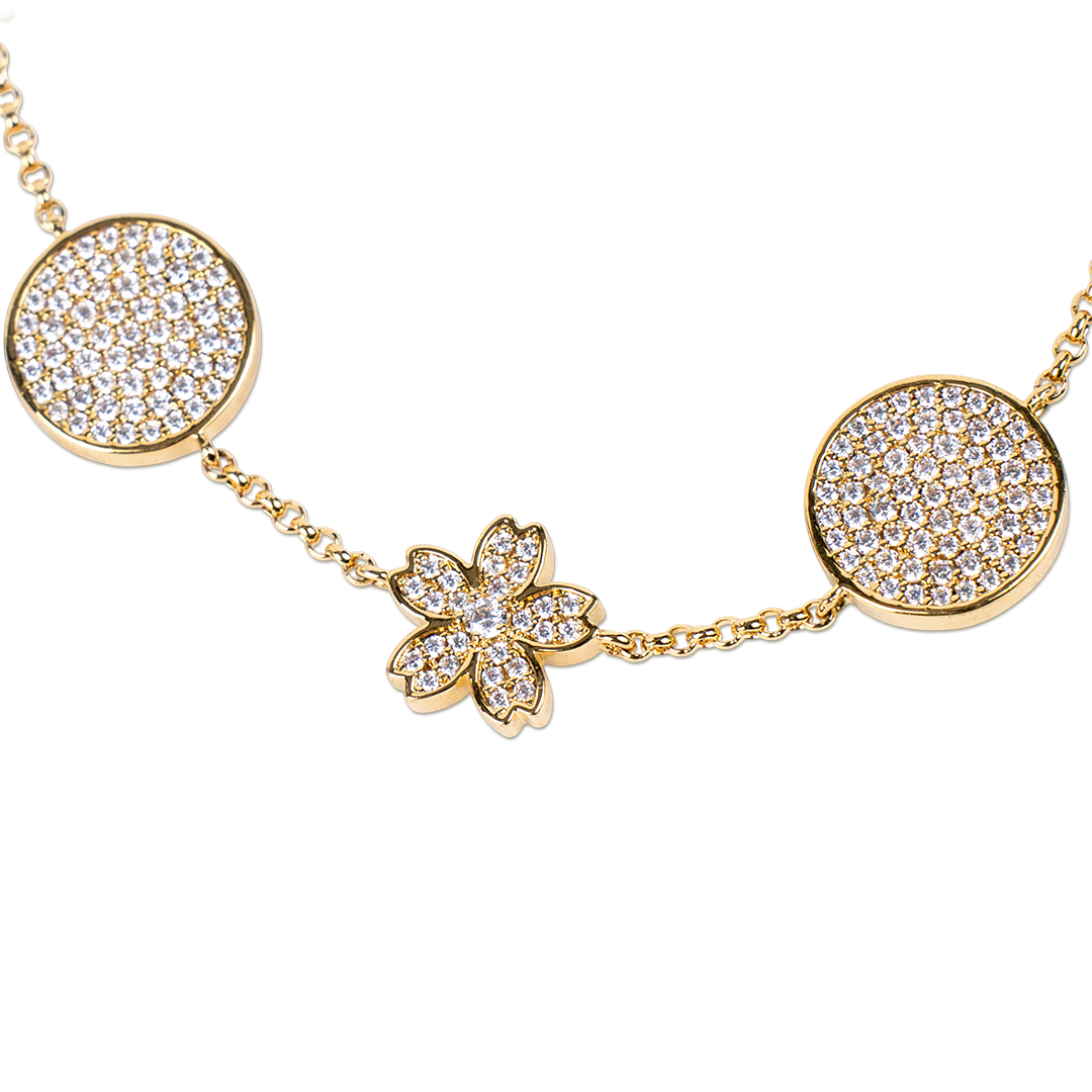 Cherry Blossom Symphony Pavé 7-Flower Zirconia Gold Station Bracelet (18K Gold Plated)
