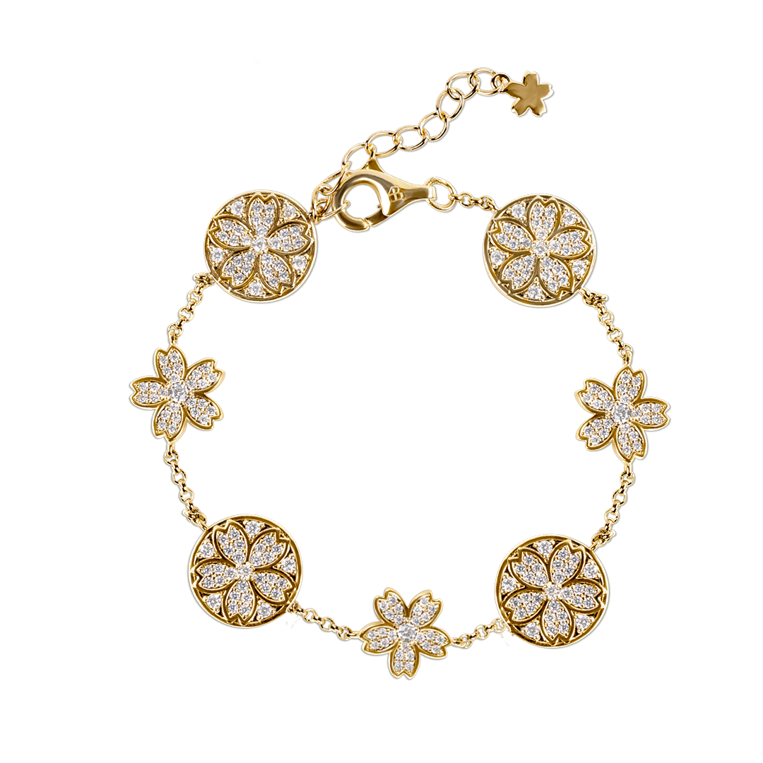Cherry Blossom Symphony Pavé 7-Flower Zirconia Gold Station Bracelet (18K Gold Plated)