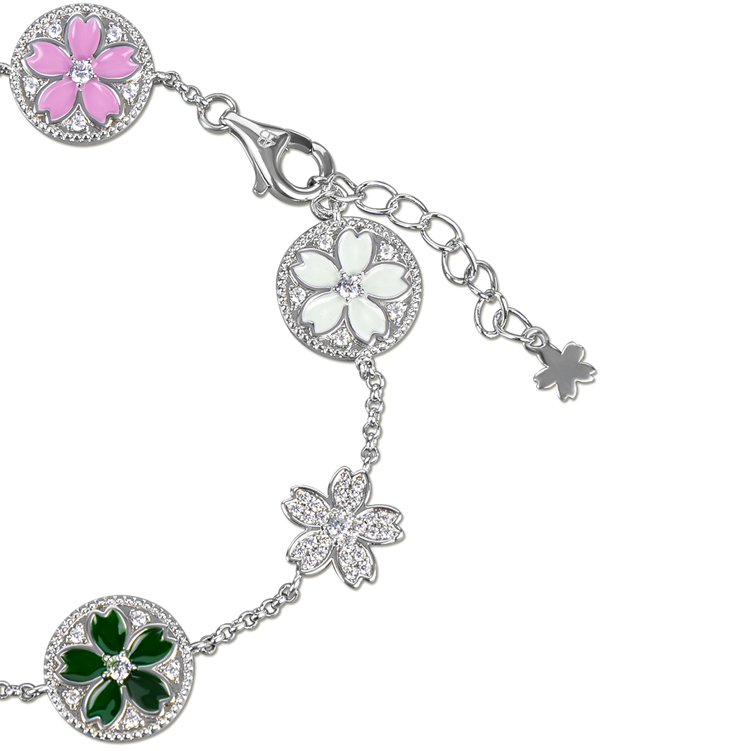 Cherry Blossom Symphony Enamel 7-Flower Silver Bracelet (Platinum Plated)