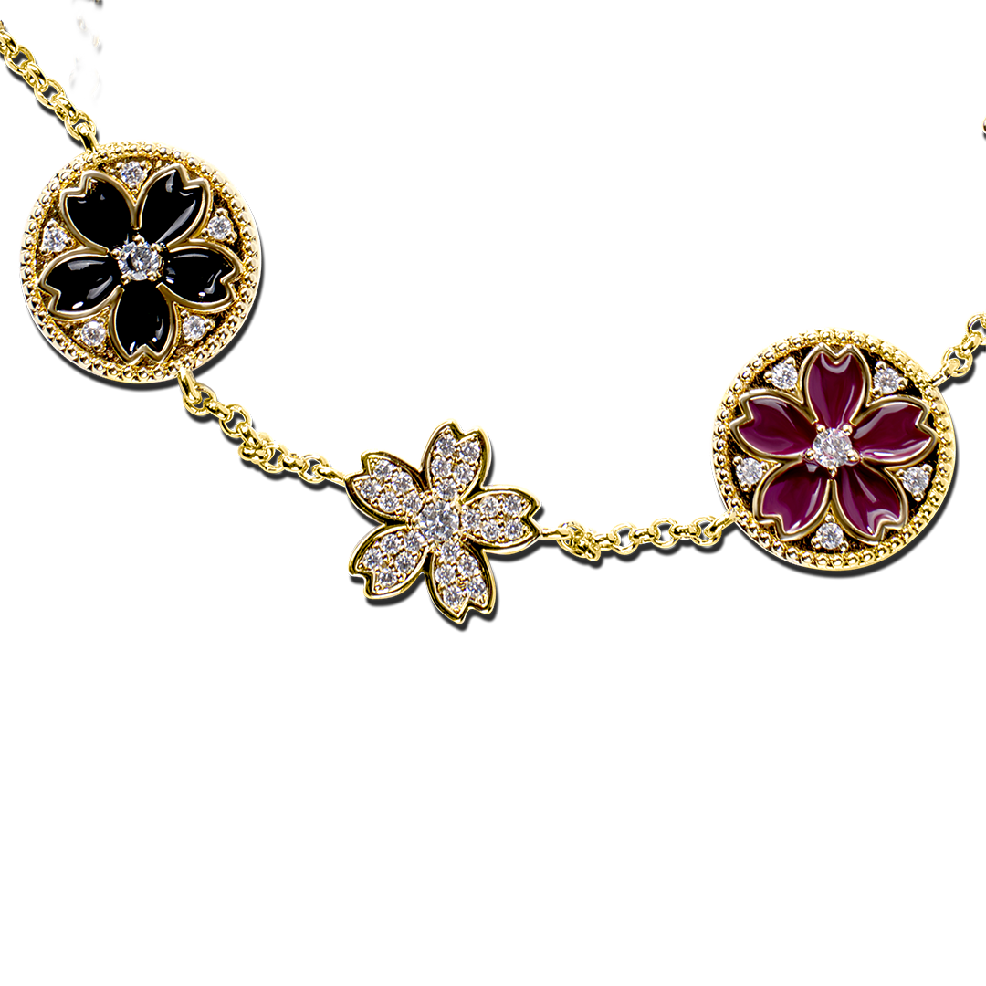Cherry Blossom Symphony Enamel 7-Flower Gold Bracelet (18K Gold Plated)
