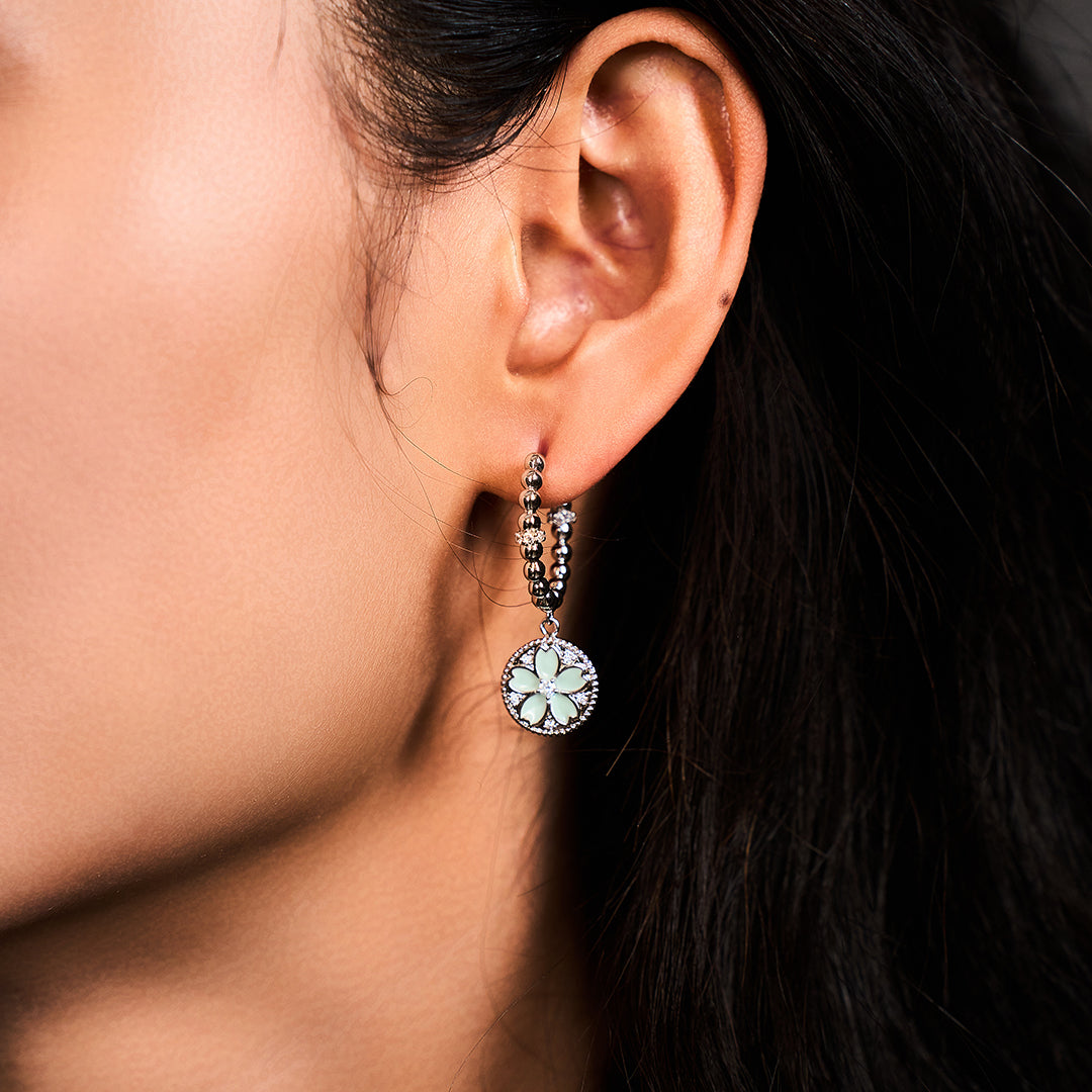 Cherry Blossom Symphony Pink & Blue Enamel Silver Earrings (Platinum Plated)