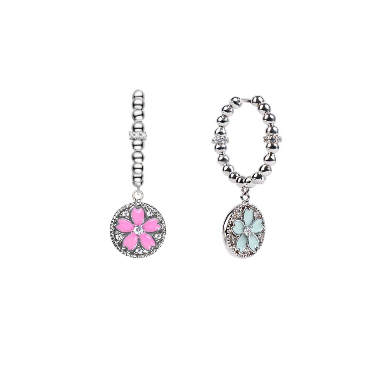 Cherry Blossom Symphony Pink & Blue Enamel Silver Earrings (Platinum Plated)