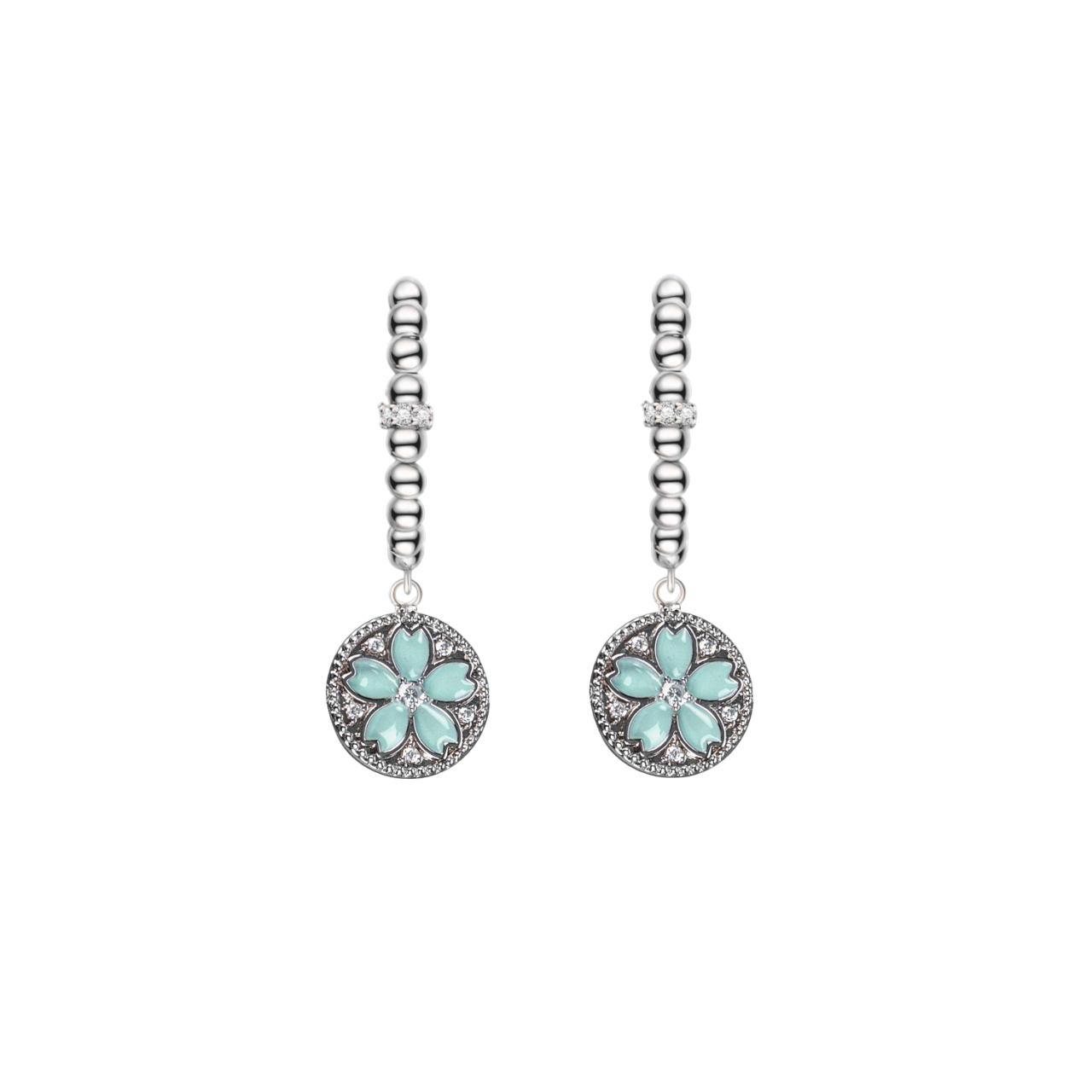 Cherry Blossom Symphony Pink & Blue Enamel Silver Earrings (Platinum Plated)