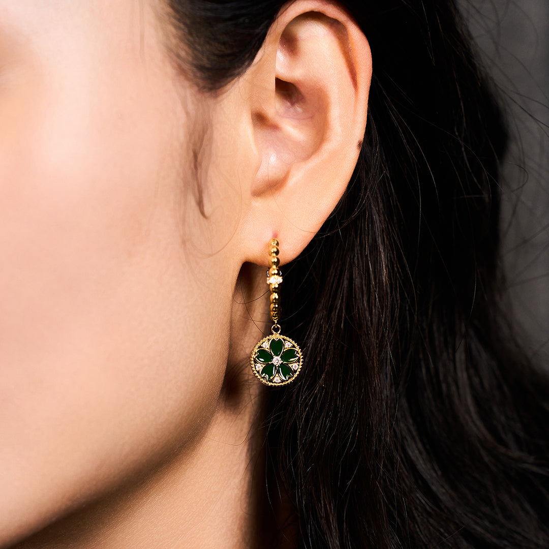 Cherry Blossom Symphony Green & Black Enamel Gold Earrings (18K Gold Plated)