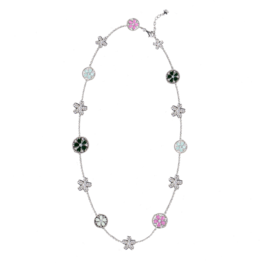 Cherry Blossom Symphony Enamel 14-Flower Sakura Silver Necklace (Platinum Plating)