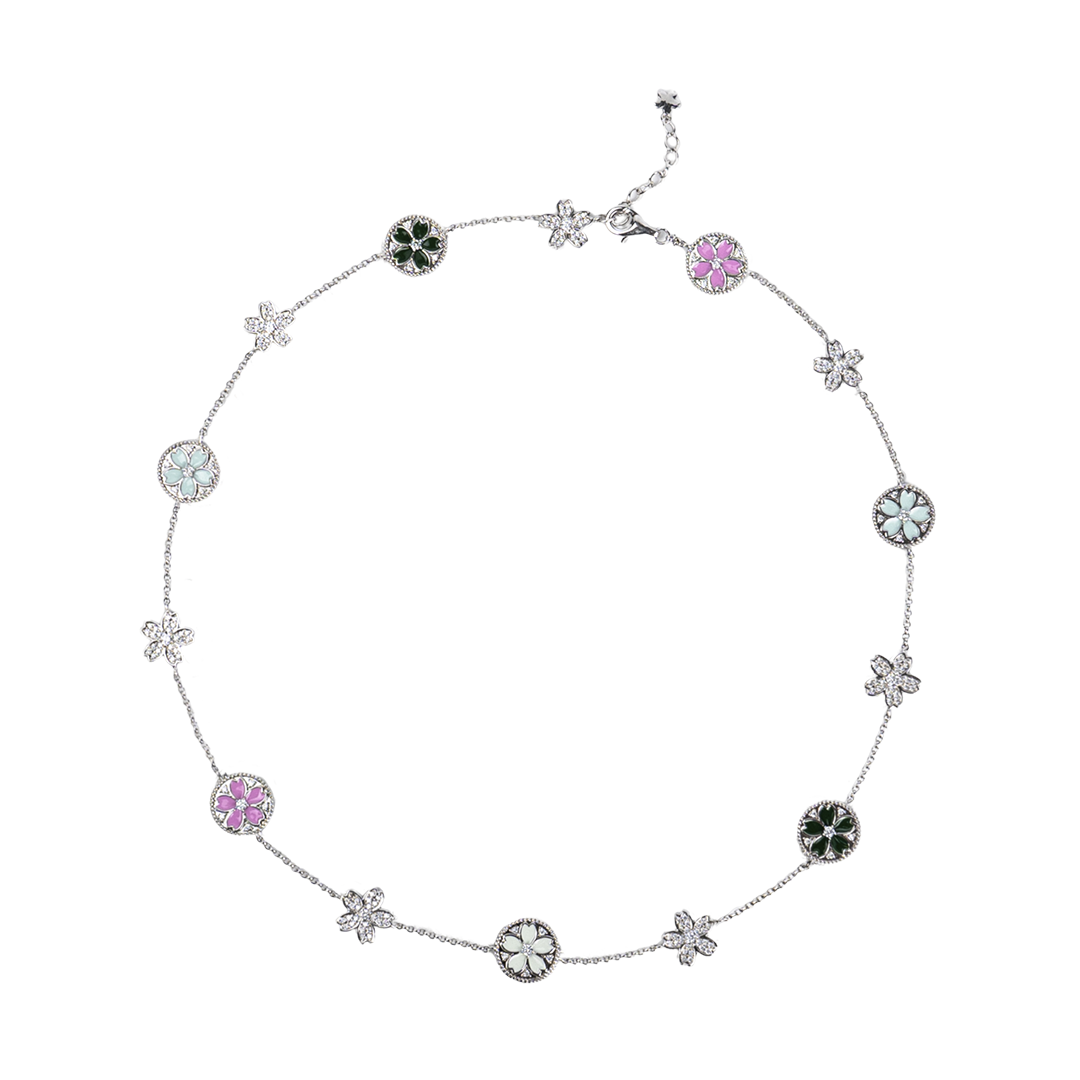 Cherry Blossom Symphony Enamel 14-Flower Sakura Silver Necklace (Platinum Plating)