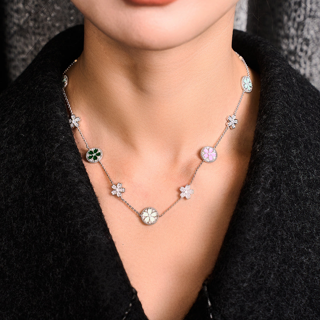 Cherry Blossom Symphony Enamel 14-Flower Sakura Silver Necklace (Platinum Plating)