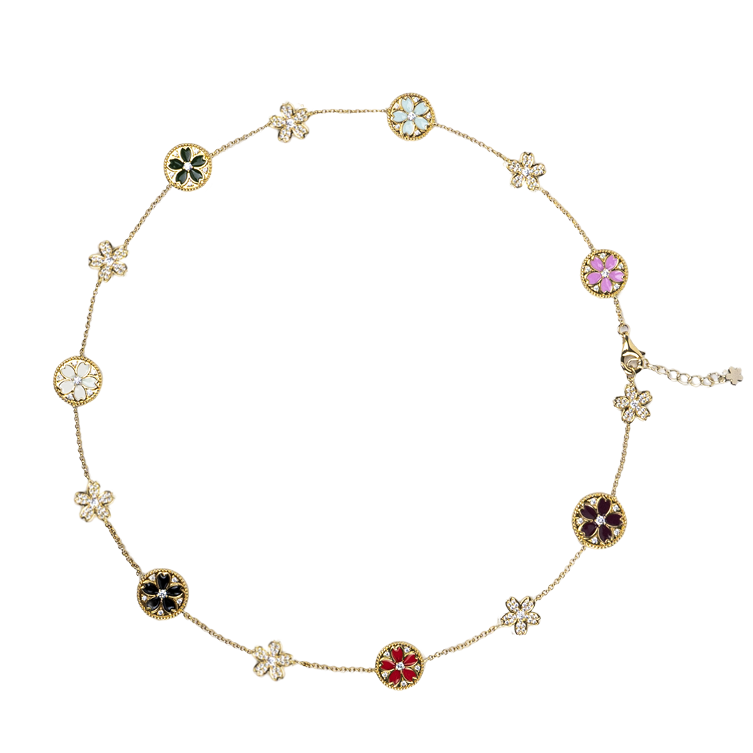 Cherry Blossom Symphony Enamel 14-Flower Sakura Gold Necklace (18K Gold Plated)