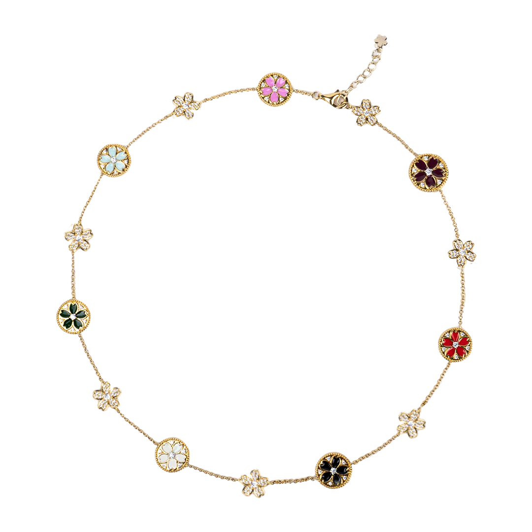 Cherry Blossom Symphony Enamel 14-Flower Sakura Gold Necklace (18K Gold Plated)