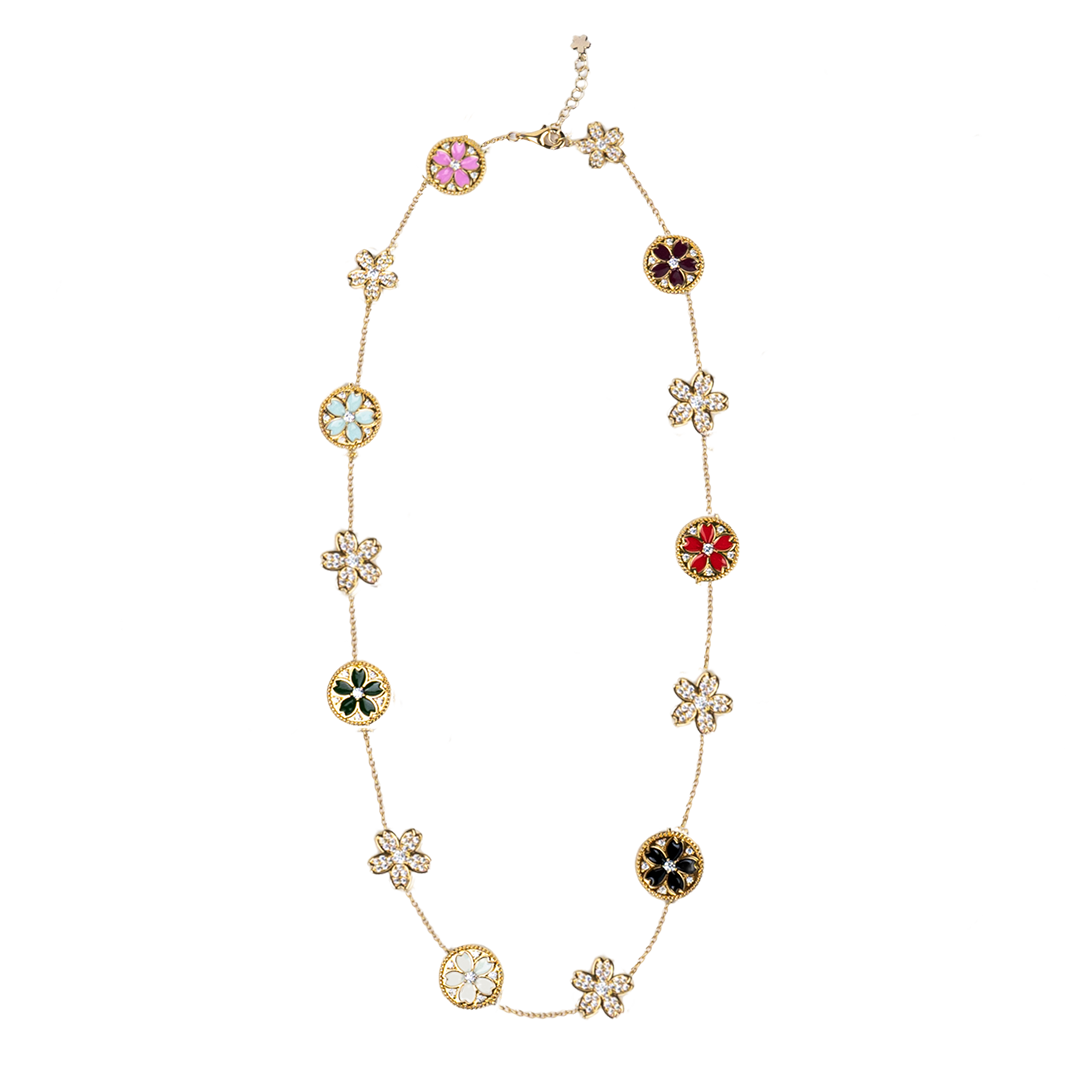 Cherry Blossom Symphony Enamel 14-Flower Sakura Gold Necklace (18K Gold Plated)