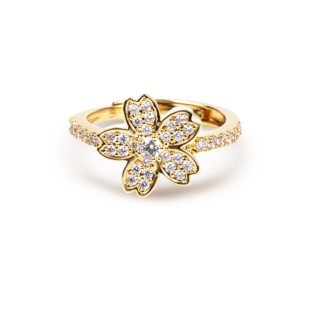 Cherry Blossom Symphony Flower Gold Adjustable Ring (18K Gold Plated)