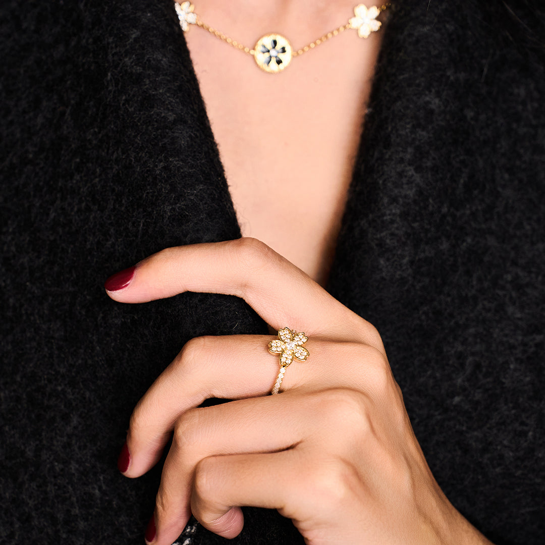 Cherry Blossom Symphony Flower Gold Adjustable Ring (18K Gold Plated)