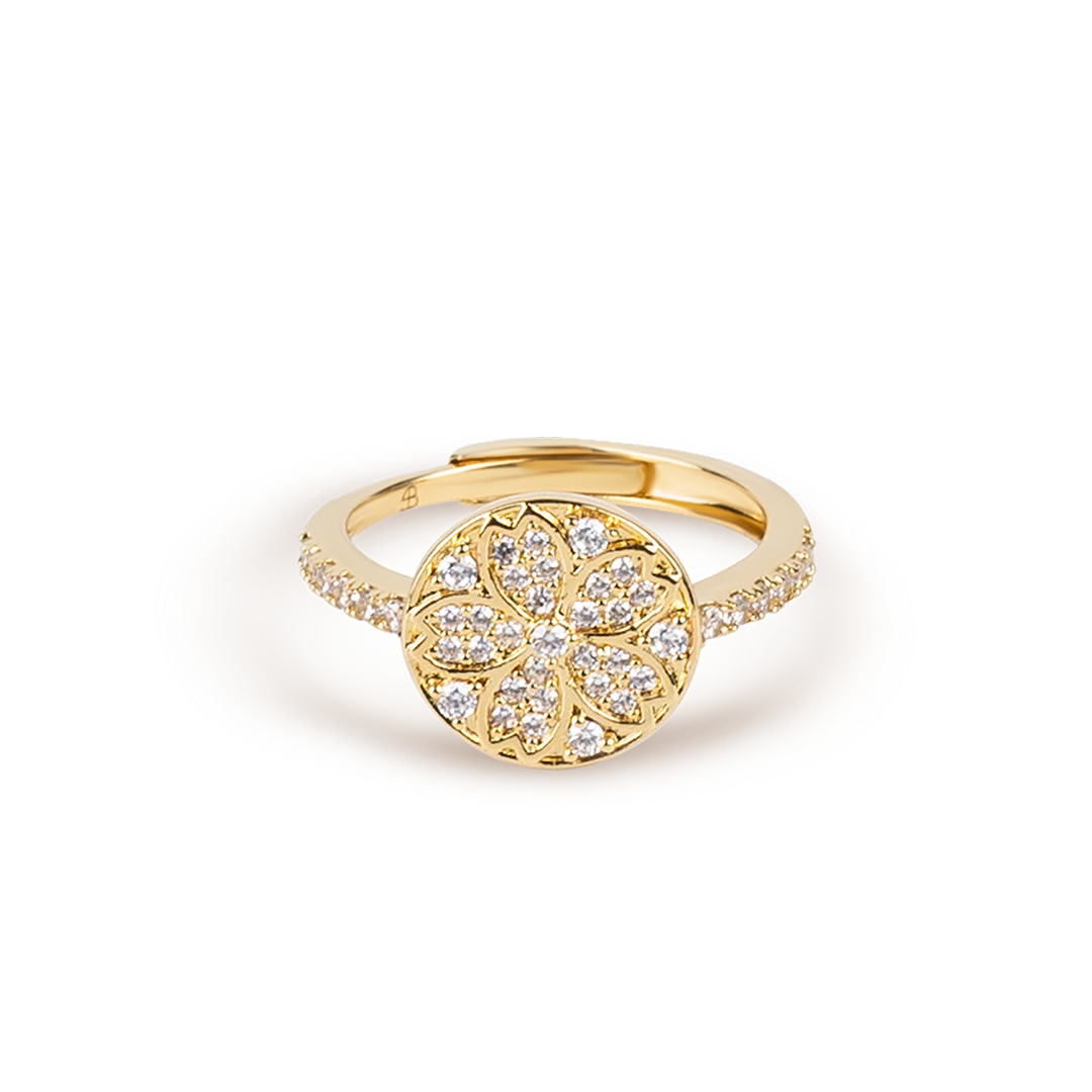 Cherry Blossom Symphony Pavé Sakura Gold Adjustable Ring (18K Gold Plated)