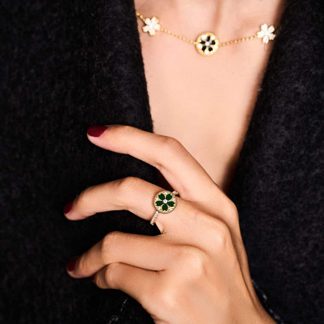 Cherry Blossom Symphony Green Enamel Sakura Adjustable Ring (18K Gold Plated)