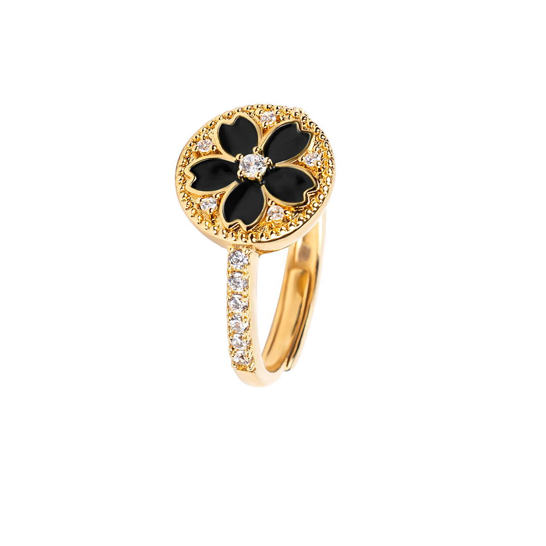 Cherry Blossom Symphony Black Enamel Sakura Adjustable Ring (18K Gold Plated)