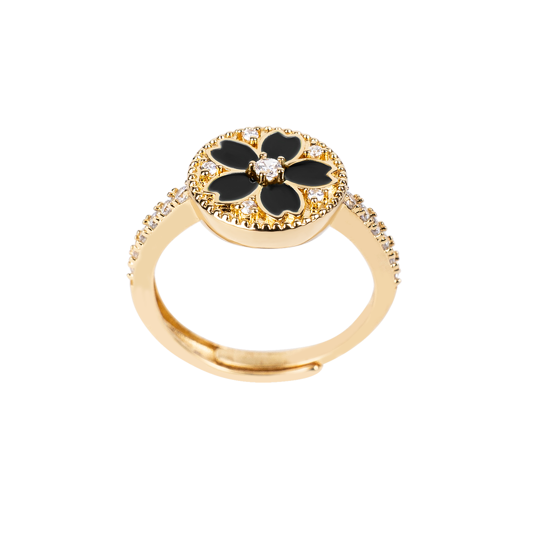 Cherry Blossom Symphony Black Enamel Sakura Adjustable Ring (18K Gold Plated)