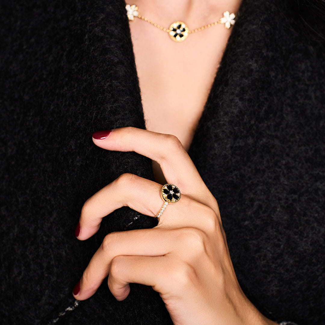 Cherry Blossom Symphony Black Enamel Sakura Adjustable Ring (18K Gold Plated)