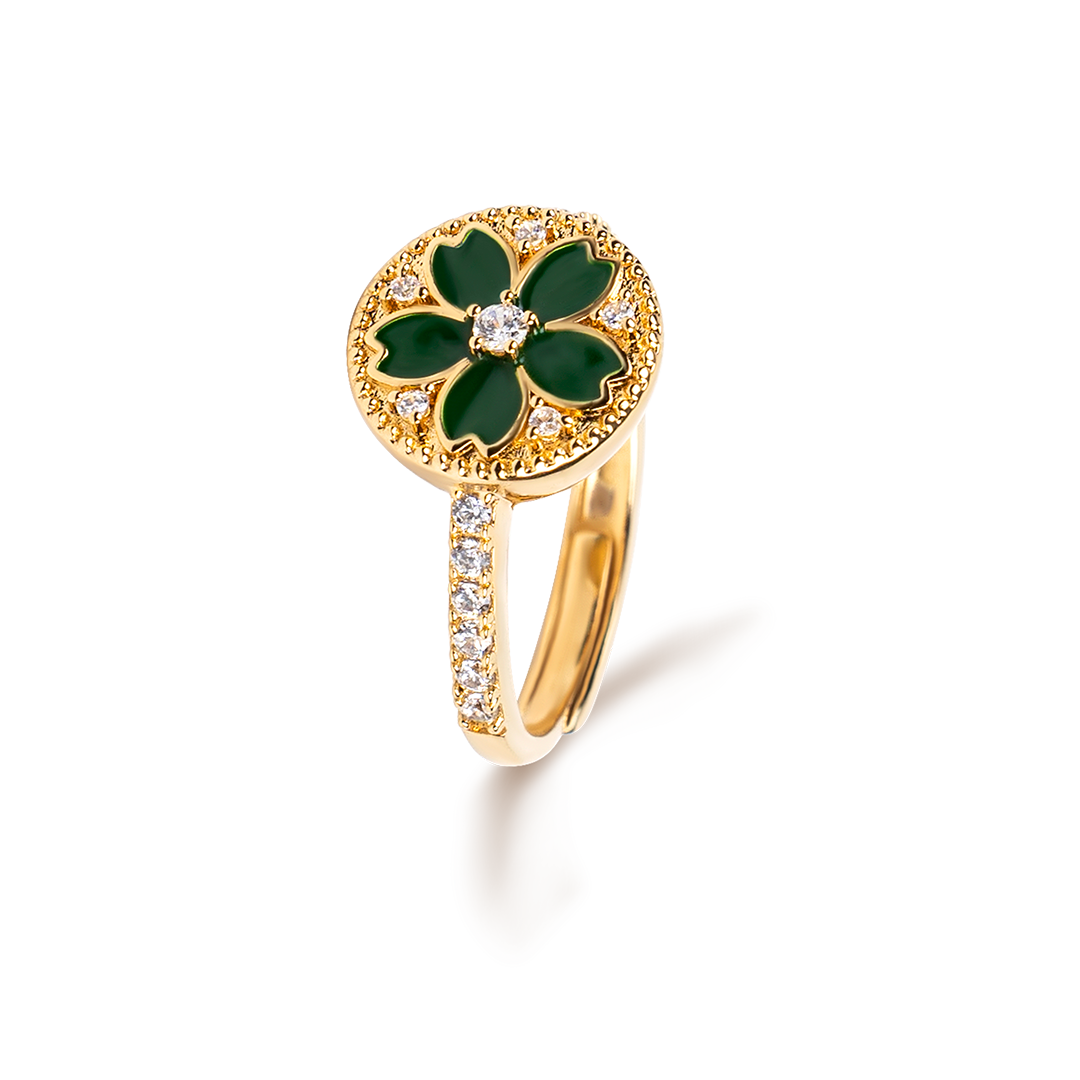 Cherry Blossom Symphony Green Enamel Sakura Adjustable Ring (18K Gold Plated)