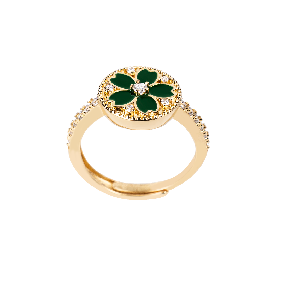Cherry Blossom Symphony Green Enamel Sakura Adjustable Ring (18K Gold Plated)