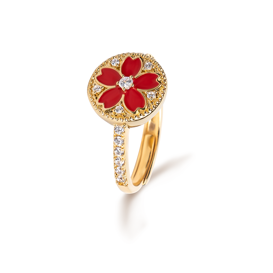 Cherry Blossom Symphony Red Enamel Sakura Adjustable Ring (18K Gold Plated)