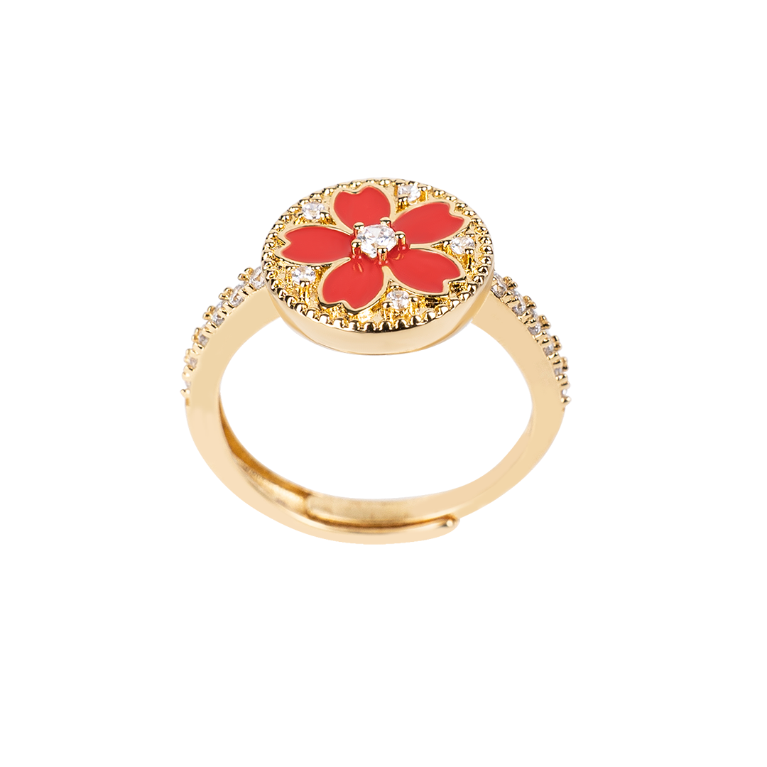 Cherry Blossom Symphony Red Enamel Sakura Adjustable Ring (18K Gold Plated)