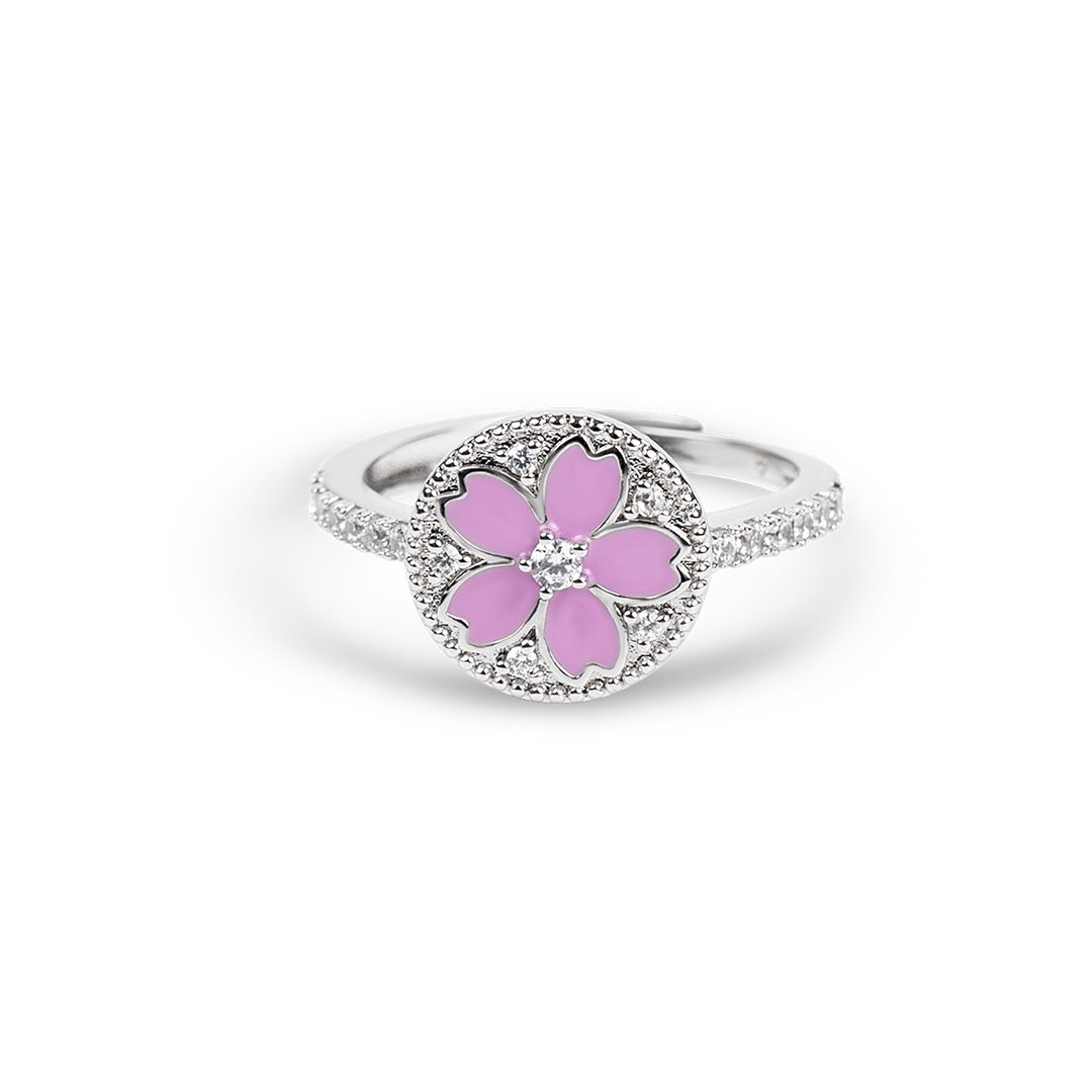 Cherry Blossom Symphony Pink Enamel Sakura Adjustable Ring (Platinum Plated)