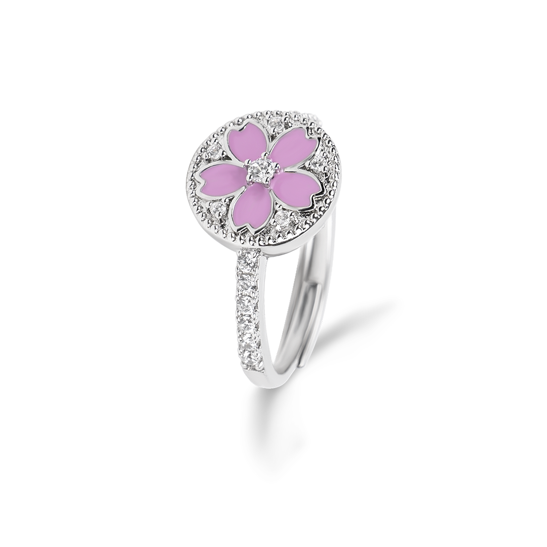 Cherry Blossom Symphony Pink Enamel Sakura Adjustable Ring (Platinum Plated)