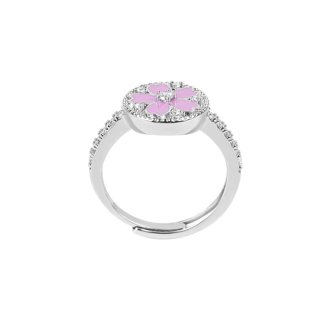 Cherry Blossom Symphony Pink Enamel Sakura Adjustable Ring (Platinum Plated)