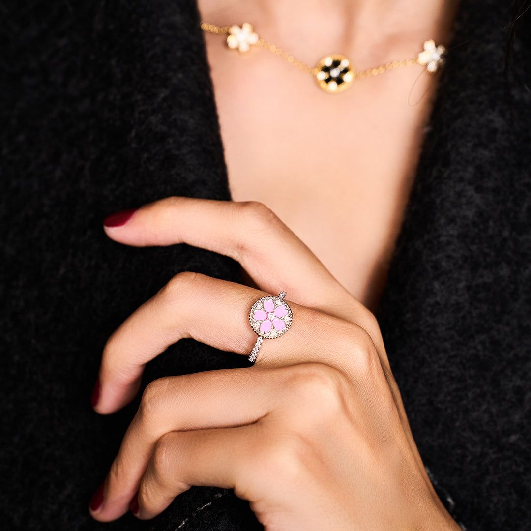 Cherry Blossom Symphony Pink Enamel Sakura Adjustable Ring (Platinum Plated)