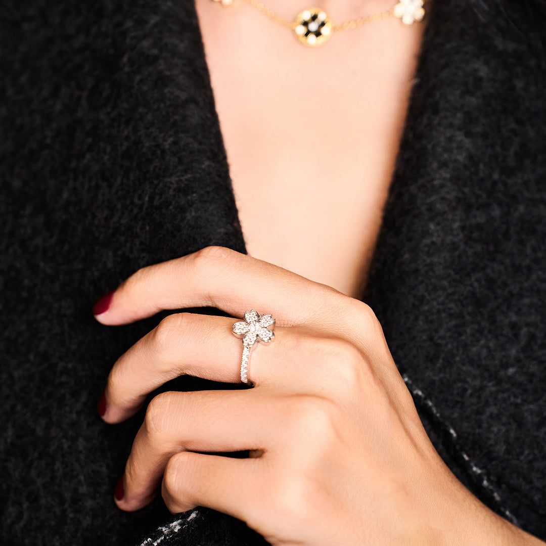 Cherry Blossom Symphony Sliver Sakura Adjustable Ring (Platinum Plated)