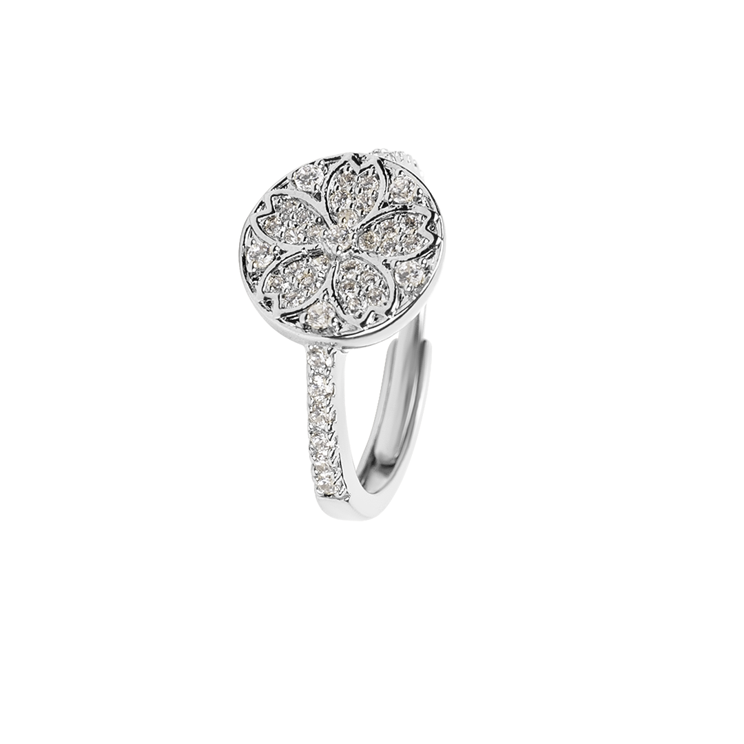 Cherry Blossom Symphony Pavé Sakura Sliver Adjustable Ring (Platinum Plated)