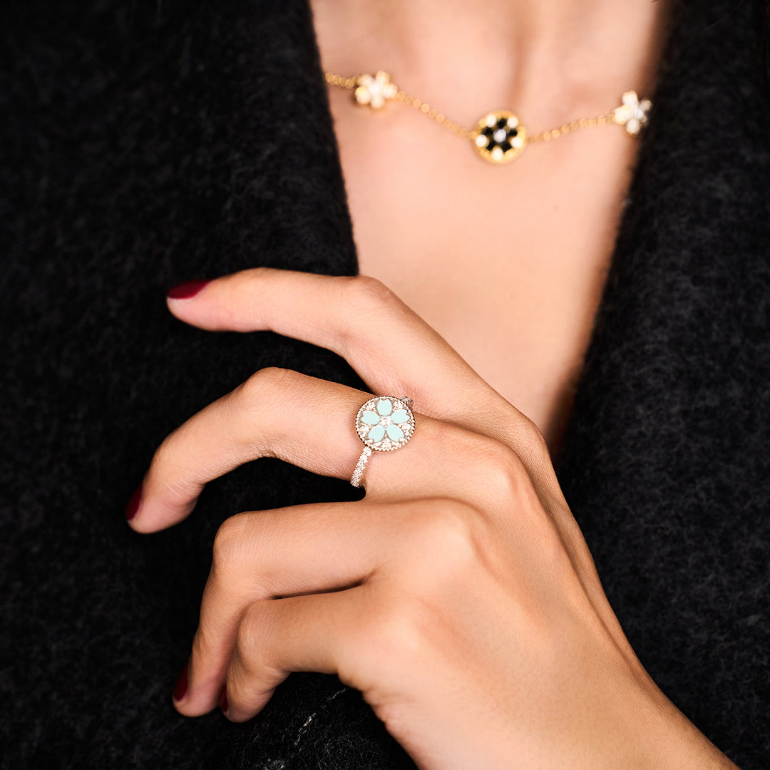 Cherry Blossom Symphony Blue Enamel Sakura Adjustable Ring (Platinum Plated)