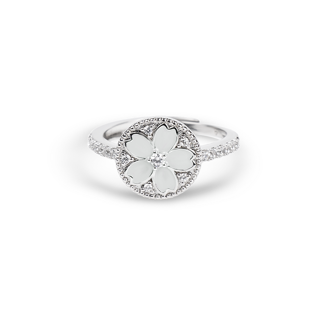 Cherry Blossom Symphony Champagne White Enamel Sakura Adjustable Ring (Platinum Plated)