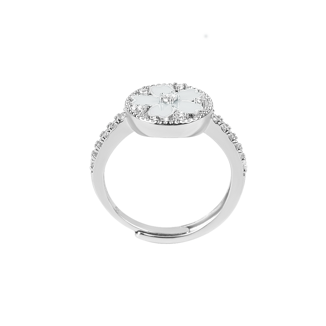 Cherry Blossom Symphony Champagne White Enamel Sakura Adjustable Ring (Platinum Plated)