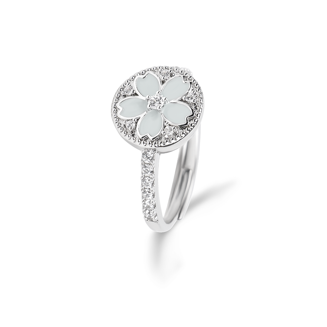 Cherry Blossom Symphony Champagne White Enamel Sakura Adjustable Ring (Platinum Plated)